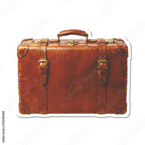Vintage leather suitcase with handle and buckles halftone vector illustration