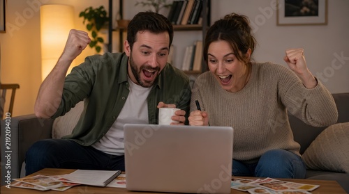 Joyful young couple celebrating good news on a laptop at home, cheering with arms raised in victory and surprise, sitting on a couch in a cozy living room at night with warm lighting and papers.