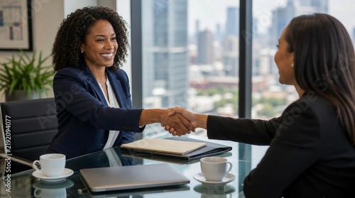 Confident African American businesswoman in tailored blazer shaking hands with seated female client across glass conference table in modern city office