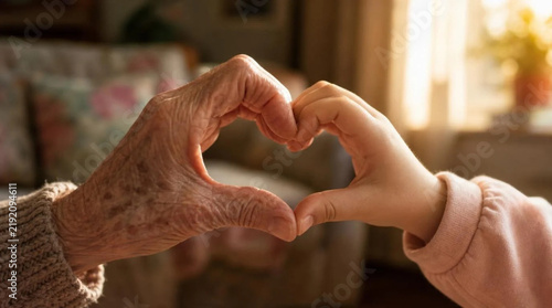 Close-up of an elderly woman's weathered, wrinkled hand and a young child's small hand joined together to form a heart shape, symbolizing love, family connection, and intergenerational bond.