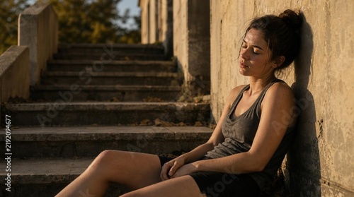 Exhausted young woman sitting on outdoor concrete steps, leaning against weathered wall with weary tired expression, golden hour sunlight, dark hair in bun, gray tank top, black shorts, urban setting