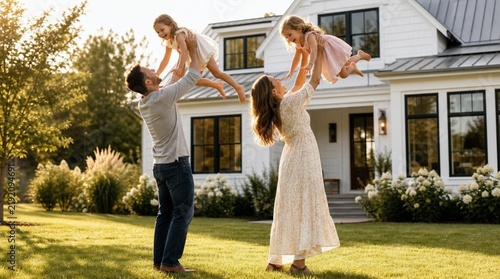 Happy family of four playing joyfully on a sunny front lawn in front of a modern white cottage with large windows, parents lifting two laughing children high into the warm golden air