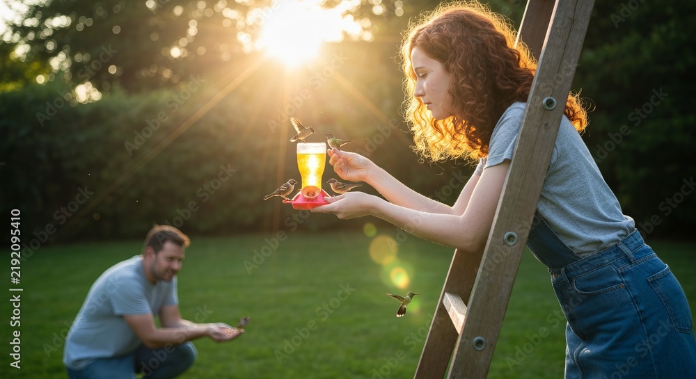 Fototapeta premium Side profile of woman on ladder and man kneeling, feeding hummingbirds and sparrows from small feeders, sunflare, vivid colors, candid moment