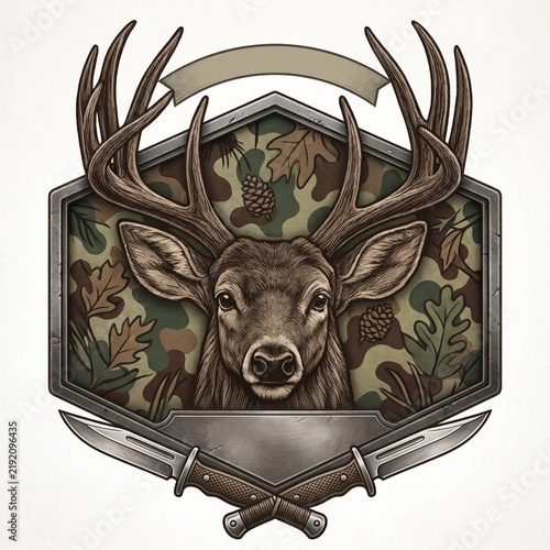 Whitetail Deer Buck Hunting Knife Camouflage Crest Badge Vector Graphic