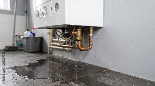 Boiler floor water leak with damaged pipes dripping on dark tiles. Boiler floor water leak shows critical plumbing failure caused by rusted copper piping. Household boiler floor water leak hazard.