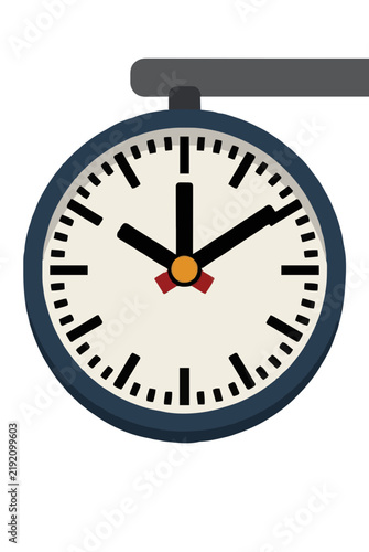 A classic round analog train station wall clock with dark blue frame, clear white dial face, bold black tick marks, and overhead mounting bracket, railway transit vector illustration