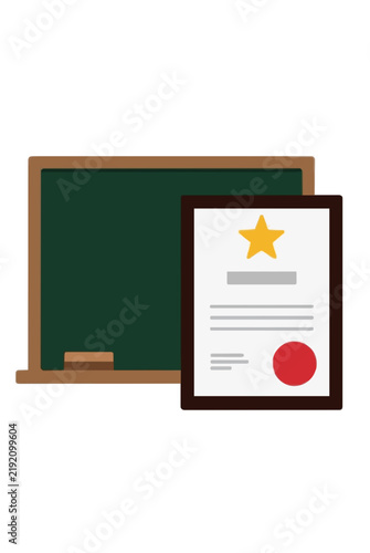 A framed academic diploma certificate with gold star and red seal standing in front of a classic green classroom chalkboard with wooden eraser, school education vector illustration