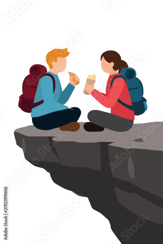 Two hikers with large backpacks sitting cross legged on a high rocky mountain cliff ledge while sharing snacks together during an outdoor trek, active recreation vector illustration