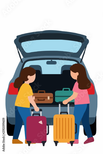 Two young women packing colorful rolling travel suitcases into the open rear trunk of a grey car hatchback before departing for a summer road trip, holiday journey vector illustration