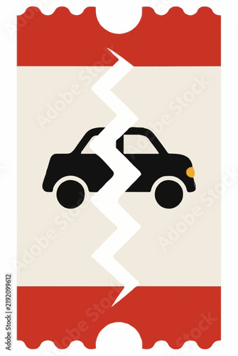 A paper valet parking ticket voucher with red scalloped borders and black car silhouette icon torn straight down the center with a jagged zigzag tear, vehicle service vector illustration