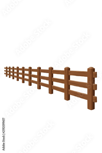 A rustic brown wooden farm boundary fence with three parallel rails and sturdy posts receding in perspective across a clean plain white background, rural paddock vector illustration