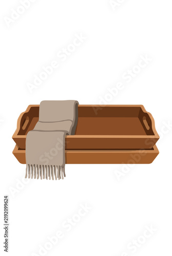 Two stacked rectangular brown wooden serving trays with cutout handles paired with a folded warm beige wool scarf featuring soft fringe tassels, cozy home interior vector illustration