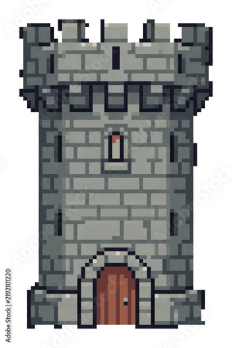 Medieval stone castle tower with wooden door