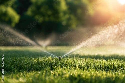 Sprinklers drenching lush green grass under a warm, sunny sky