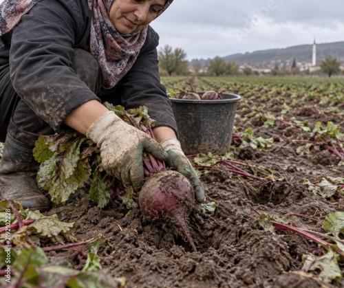 Volunteer eases a missed beetroot from damp soil with gloved hands beside a bucket of recovered roots in a largely cleared field scattered with cut leaves