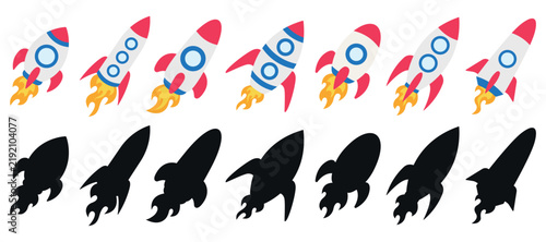 Collection of rockets and their silhouettes. Vector illustration, isolated on a white background.