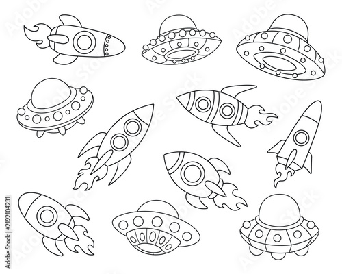 Set of cartoon space rockets and UFO flying saucers coloring page for kids isolated on white background.
