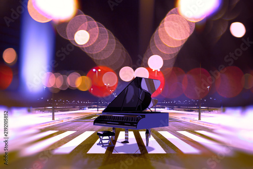  Gran piano bajo las luces nocturnas de la calle bokeh. Instrumento musical en un escenario con un fondo urbano brillante; transmite jazz, vida nocturna y elegancia.