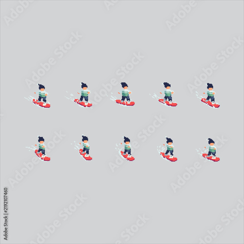 Pixel art illustration Snowboarder Ski. Pixelated Mountain Ski. Mountain Snowboarder Ski Animation Icon pixelated for the pixel art game and icon for website and video game. old school retro.