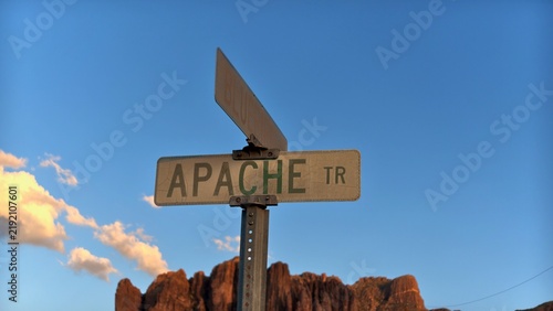 Apache Trail Road Sign with Superstition Mountains