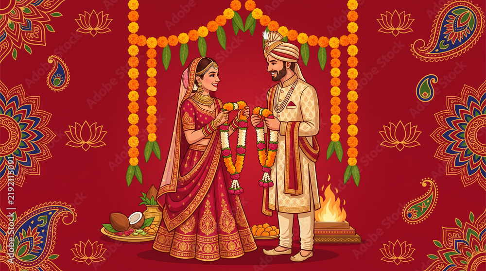 Fototapeta premium Indian bride and groom exchanging garlands during traditional wedding ceremony