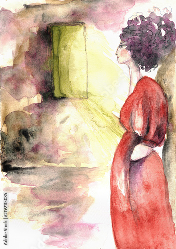 Woman in Red Dress Standing by a Window, Expressive Hand-Painted Watercolor
