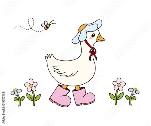 Cute Goose with Pink Boots, Flower and Bee, Kawaii Spring Illustration