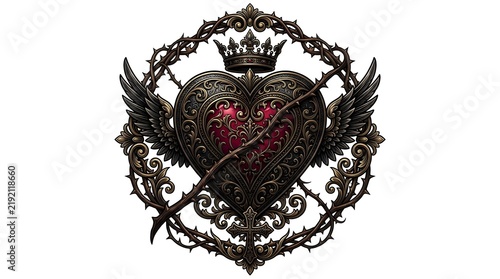Ornate gold and red gothic winged heart with crown and thorns for coat of arms design.
