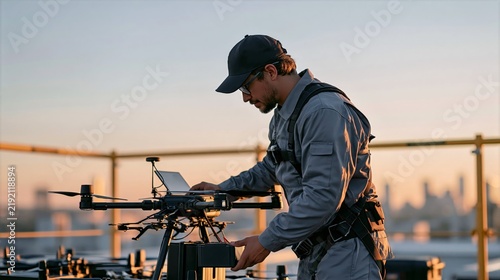 Obraz na płótnie Drone Technician Installing Battery Module on Rooftop