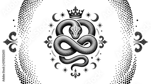 Stippled royal snake coiled under crown with moon stars symbols for gothic tattoo art.