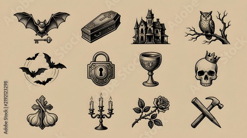 Vintage gothic elements including haunted house skull and coffin for spooky halloween art.