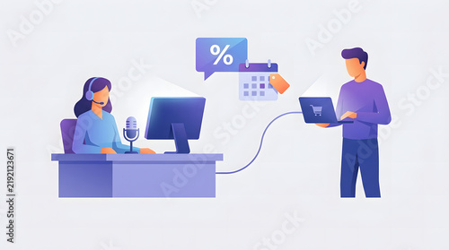 Customer support agent assisting man with online shopping discounts and sales event coordination