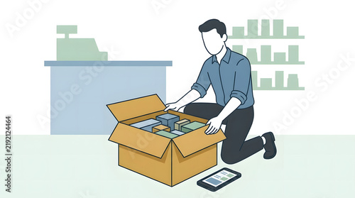 Male employee packing products into cardboard box for shipping in a retail shop