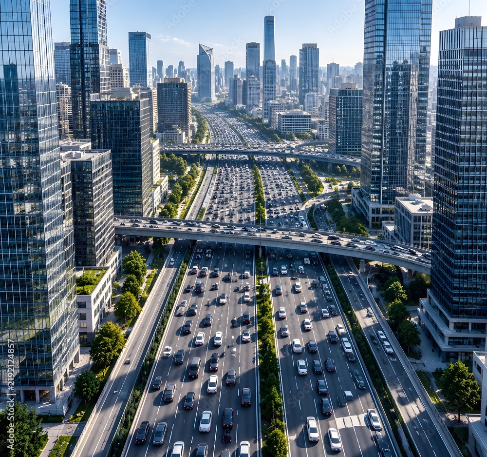 Fototapeta premium Concrete business district freeway packed with generic cars between high rise towers in hard morning shadows