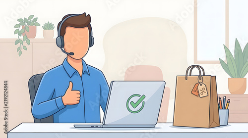 Male customer service agent giving thumbs up with laptop and shopping bag for online sales concept