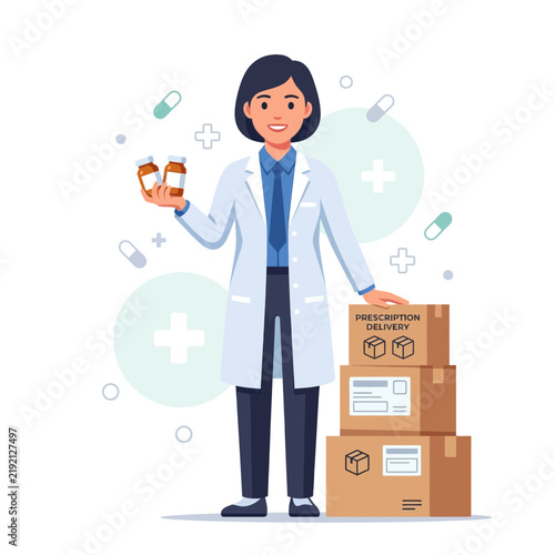 Pharmacist with Prescription Delivery Boxes and Medicine Bottles, Healthcare and Pharmacy Concept