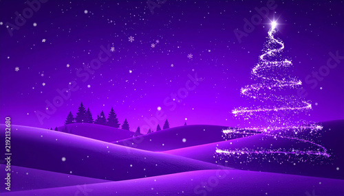 Sparkling christmas tree in purple winter night landscape