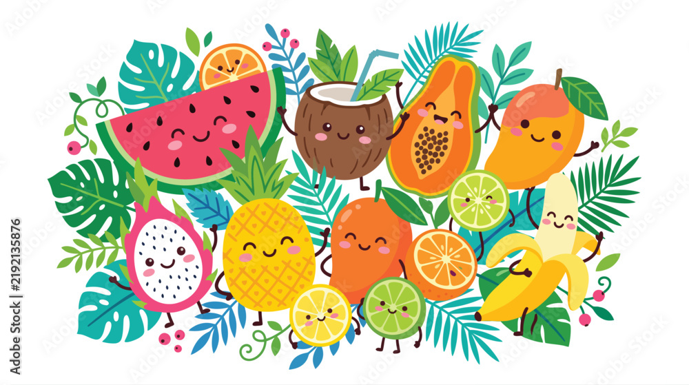 Obraz premium Vibrant Tropical Fruit Mosaic with Playful Sloth and Lush Greenery.