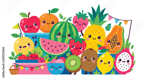 Foto Vibrant display of assorted cheerful fruits in a colorful basket and spread