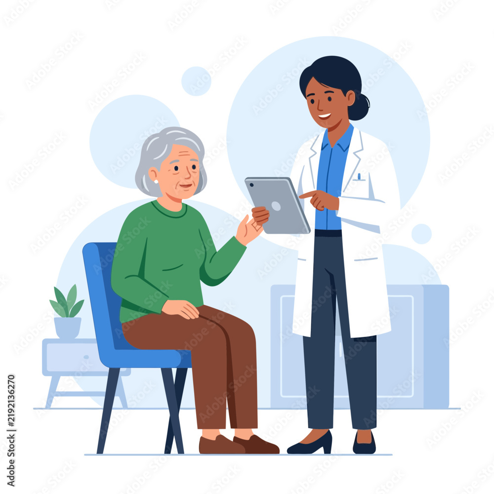 Obraz premium Doctor Consulting Elderly Patient with Tablet, Healthcare Concept