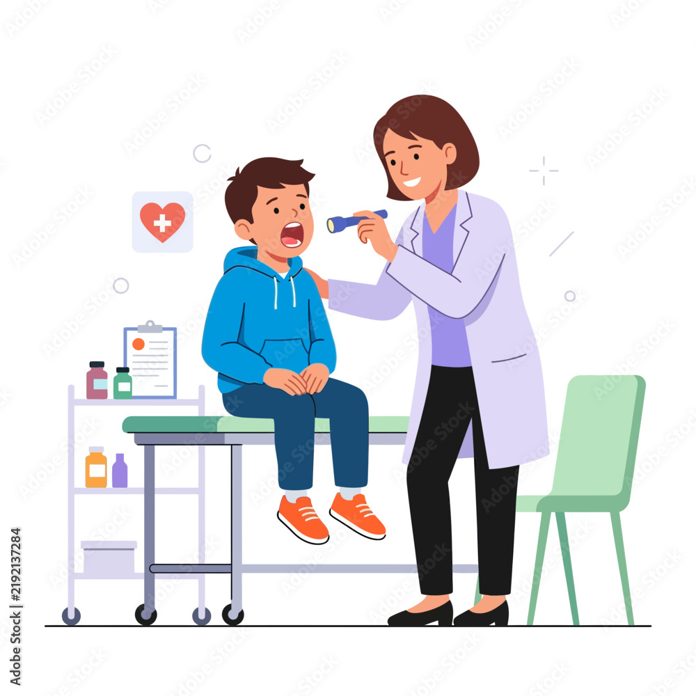 Obraz premium Pediatrician examining a young boy's throat with a flashlight in a modern clinic setting, vector illustration