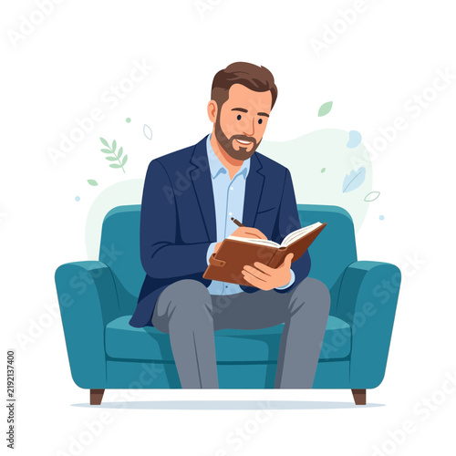 Man Sitting in Armchair Writing in a Journal with Pen - Modern Flat Illustration Style