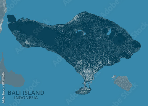 Dark blue modern island road map poster of Bali Island, Indonesia, featuring Denpasar, Ubud, Mount Agung, Bukit Peninsula, and surrounding island road networks.