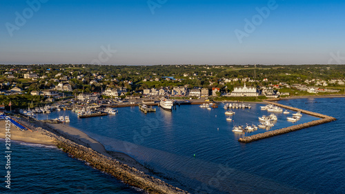 New Shoreham, RI USA - August 15, 2026 - Morning aerial photo of Block Island's Old Harbor on a sunny summer day.
