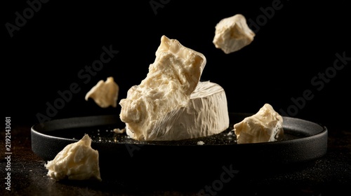 Creamy soft cheese with pieces breaking off and floating in the air