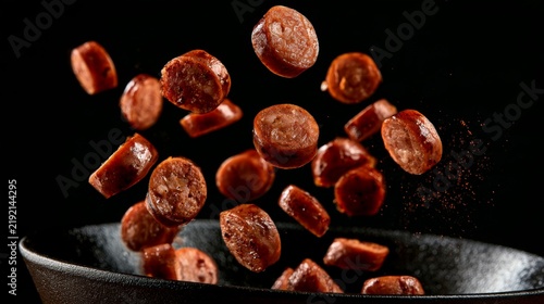Slices of sausage flying out of a cast iron pan in a dramatic motion