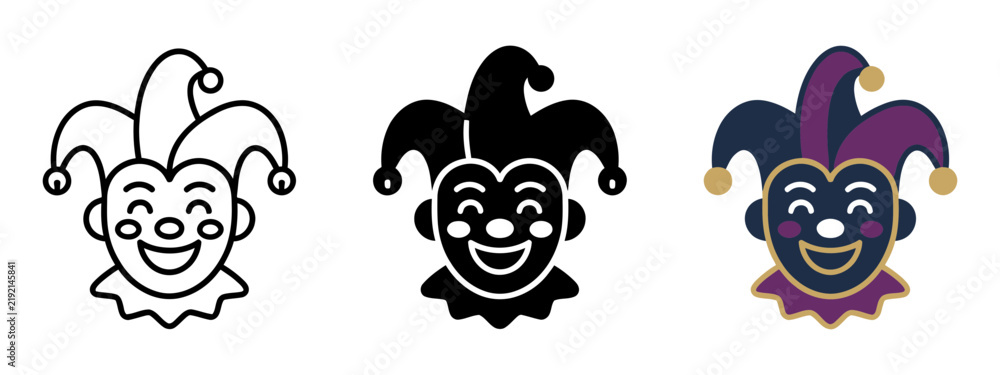 Fototapeta premium Jester and joker clown face vector icon set featuring outline, solid black, and colorful entertainment symbols