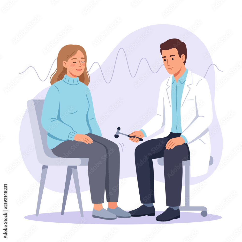 Obraz premium Doctor performs neurological reflex test on patient with reflex hammer, vector illustration