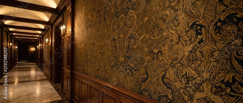 Luxurious Hallway With Ornate Damask Wallpaper And Marble Floor