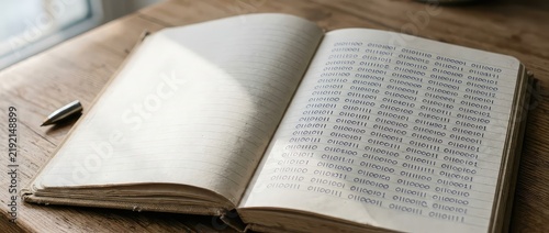 Open Notebook With Pen On Wooden Table, Journaling And Writing Concept